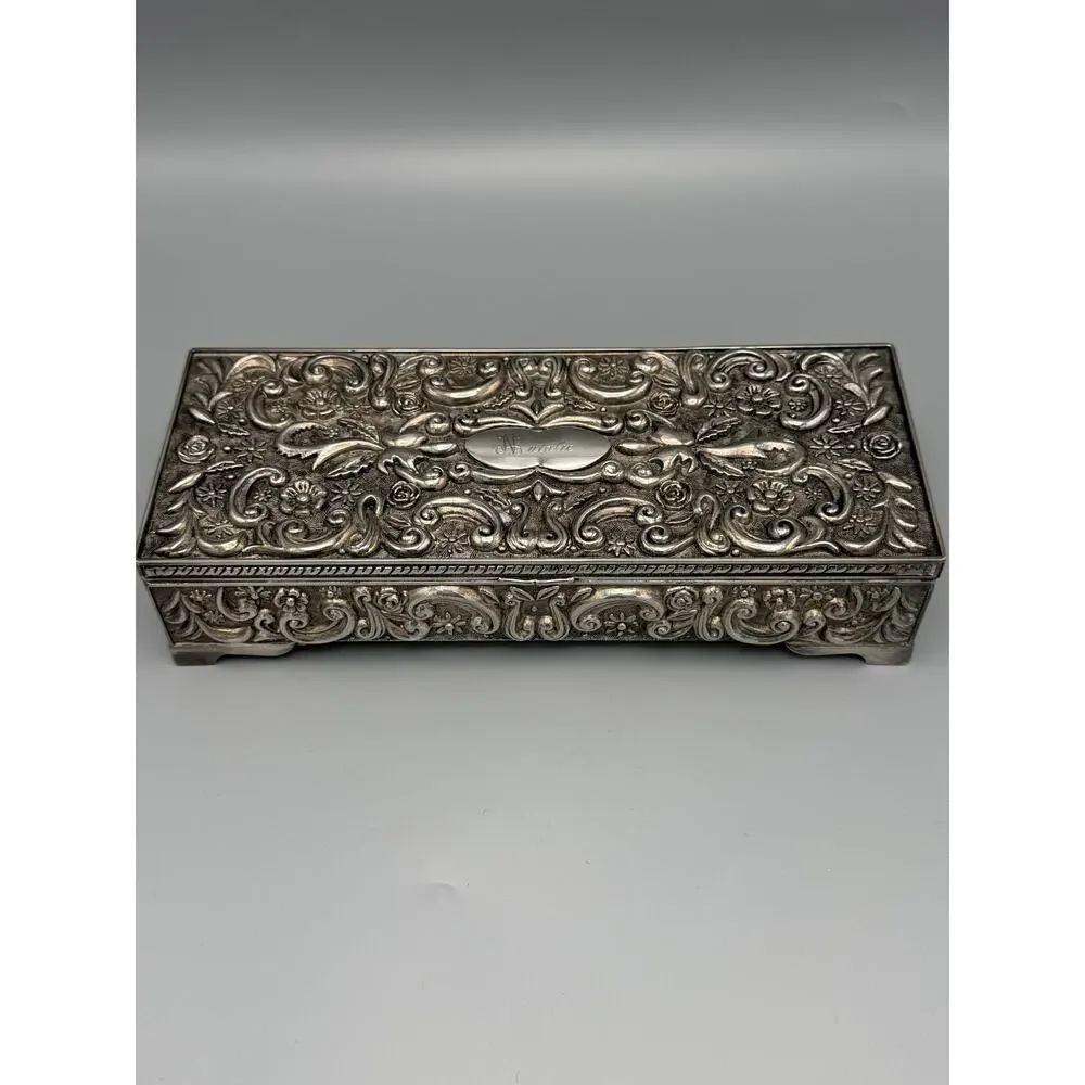 Godinger Silver 1992 Ornate Jewelry Trinket Box Velvet Lined Engraved 